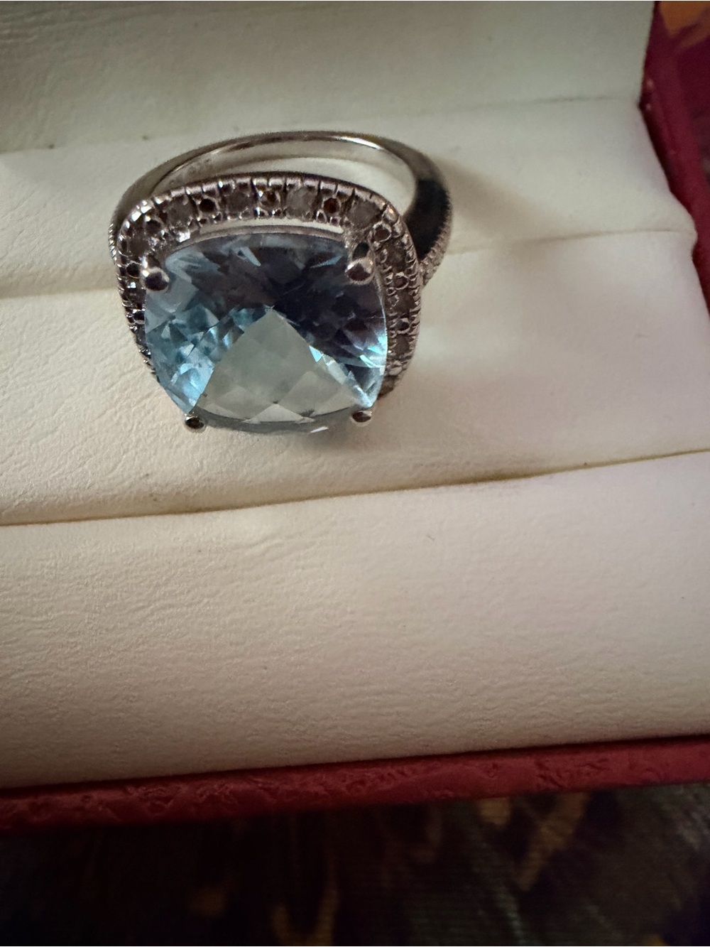 QVC Light Blue topaz Cushion-Cut with cz halo Gemstone Ring in  925 Silver